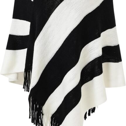 Women's Casual Striped Poncho Sweater Versatile Fringe Shawl Wrap